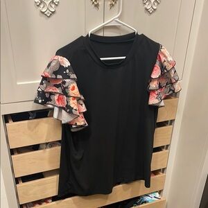 Floral Ruffle Sleeve Black Top
